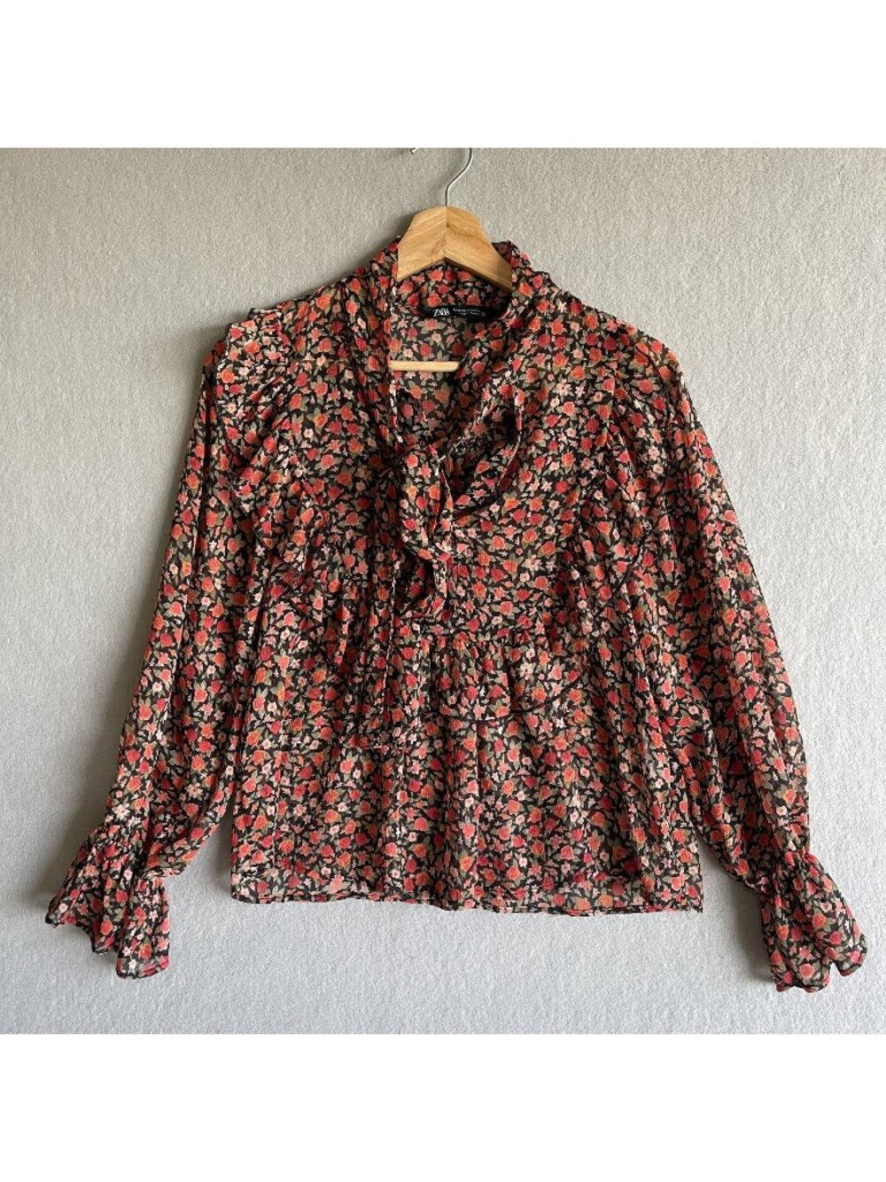 Zara Floral Print Ruffle Tie Neck Long Sleeve Blouse - XS